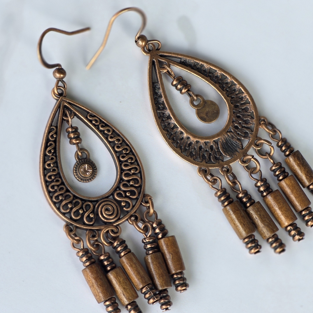 Bronze Teardrop Boho Beaded Earrings Tribal Boheme Jewelry - Picture 4 of 4